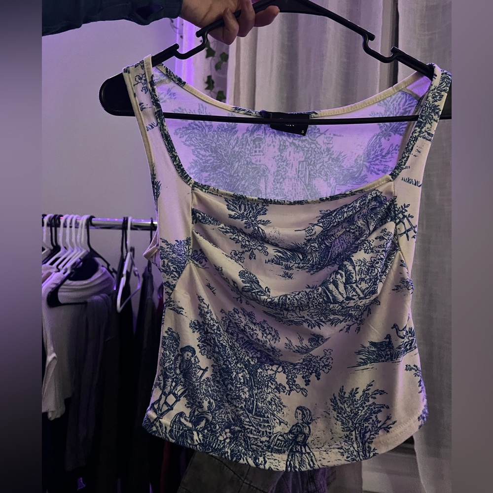 Cider Blue and White Toile Cowl Neck Camisole